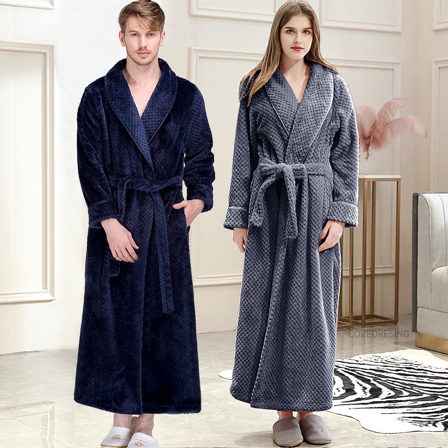 Autumn/Winter Flannel Couple Robe, Warm Sleepwear for Men and Women, Coral Fleece Plaid Bathrobe Couple Style