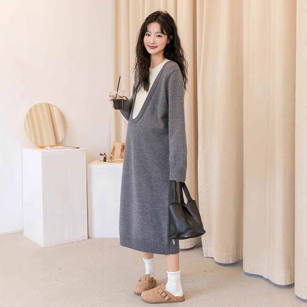 Autumn/Winter Maternity Dress, Korean Style, Faux Two-Piece, Loose Fit, Plus Size, Long, Casual, Slimming