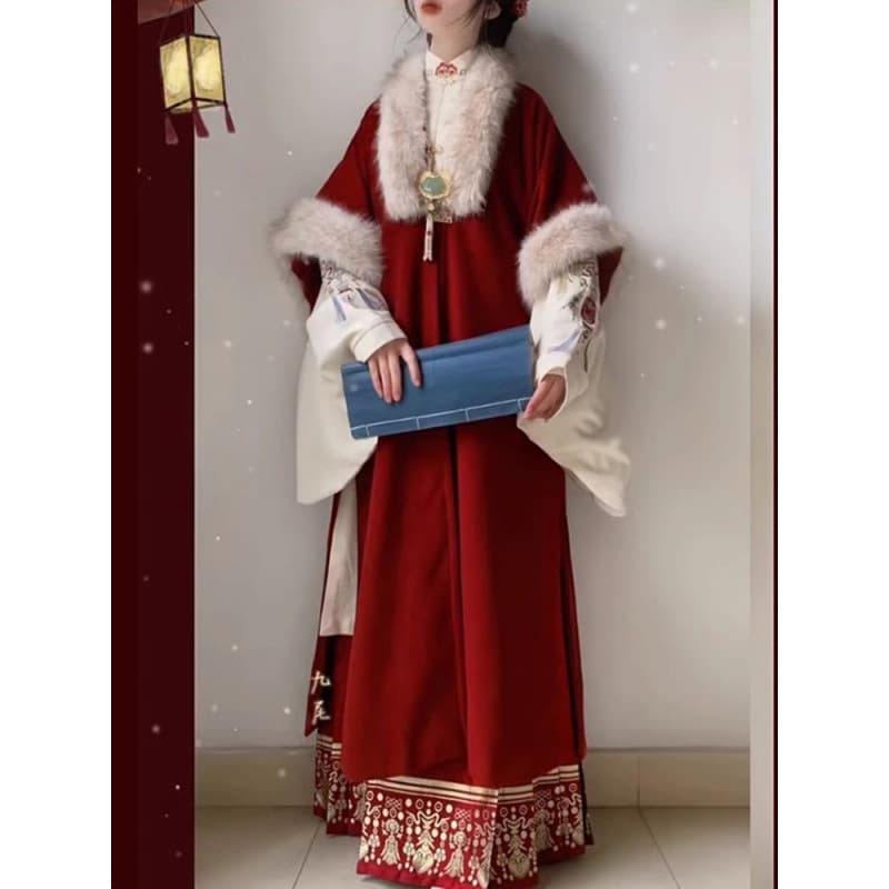 Red Hanfu for Women, New Year's Dress with Fleece Lining, Fur Coat, Plush New Year's Greeting Attire, Front-opening Long Shirt, Horse-face Skirt