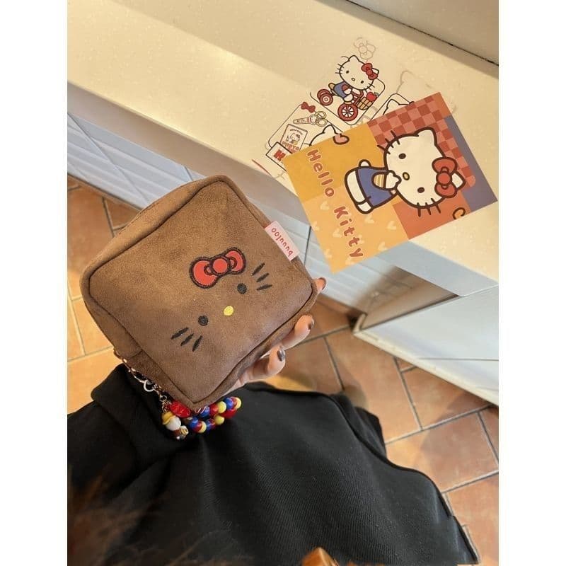 Brown Hello Kitty portable cosmetic bag, suede square small bag, girls storage coin purse