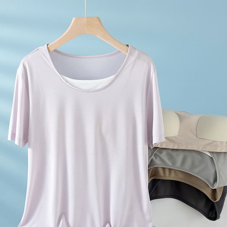 Women's Summer Contrast Color Round Neck Short Sleeve Top, Thin Sleepwear, Wearable Outside, Casual, No Bra Needed, With Padded Bust, Home Top