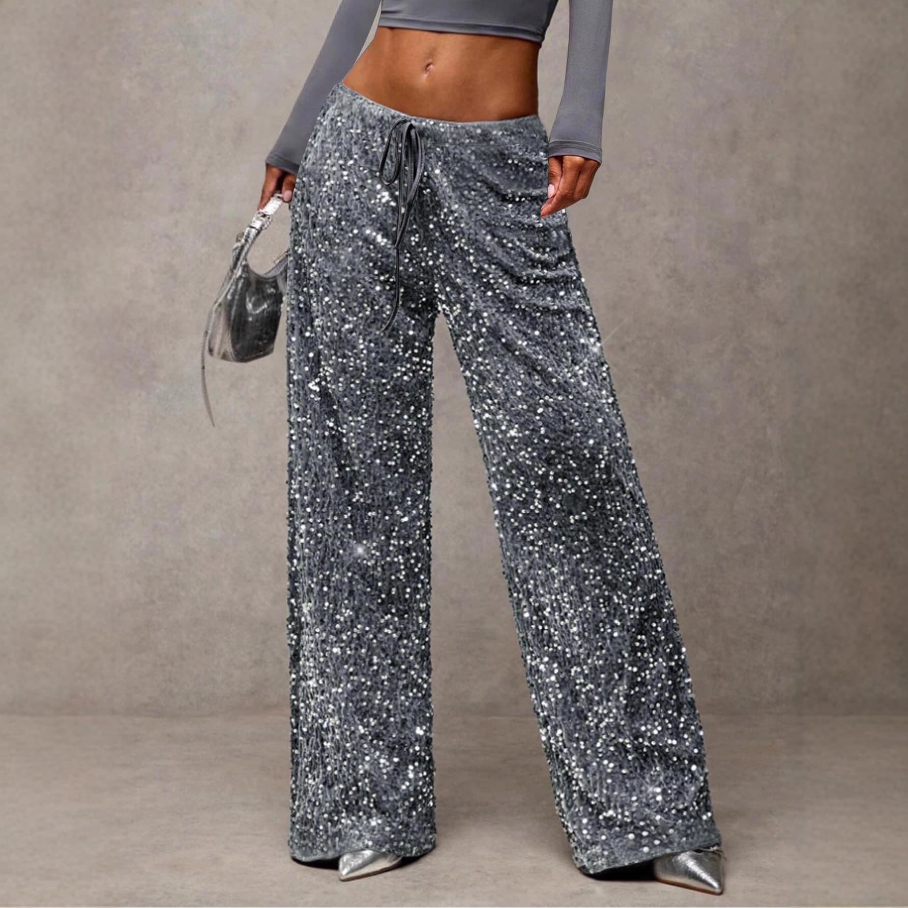 European and American Cross-Border Sequin Fashion Drawstring Slim New Elastic Straight Leg Pants Women's Clothing