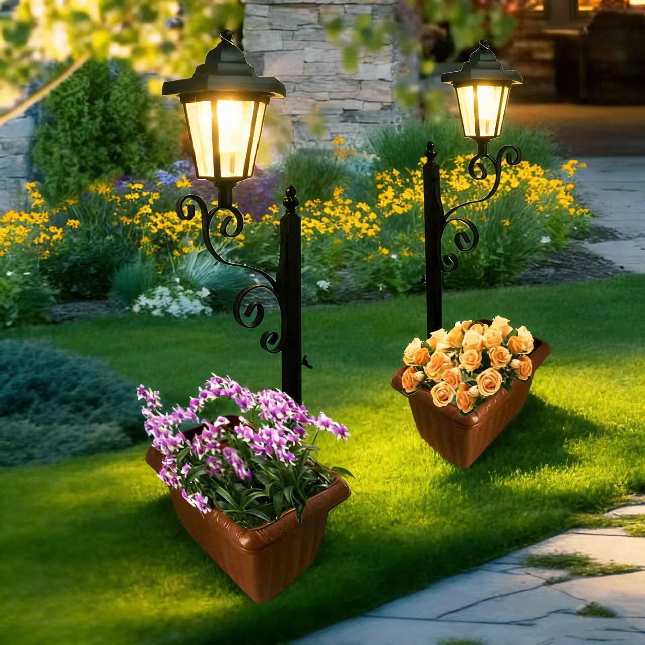 Solar courtyard outdoor iron flower stand shaped hexagonal street lamp outdoor atmosphere decorative lamp landscape flower pot