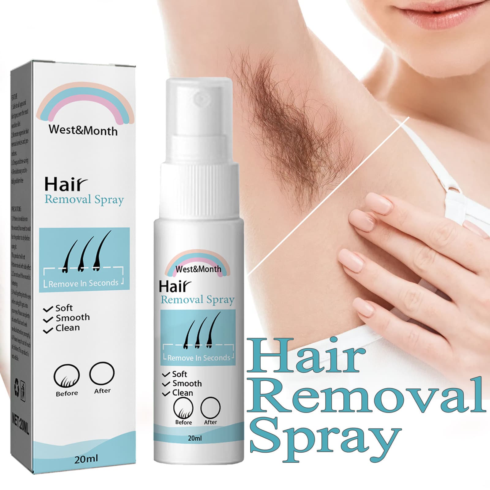 West&Month Hair Removal Spray - Fast hair removal for underarms, full body, private areas, gentle and quick, non-irritating.