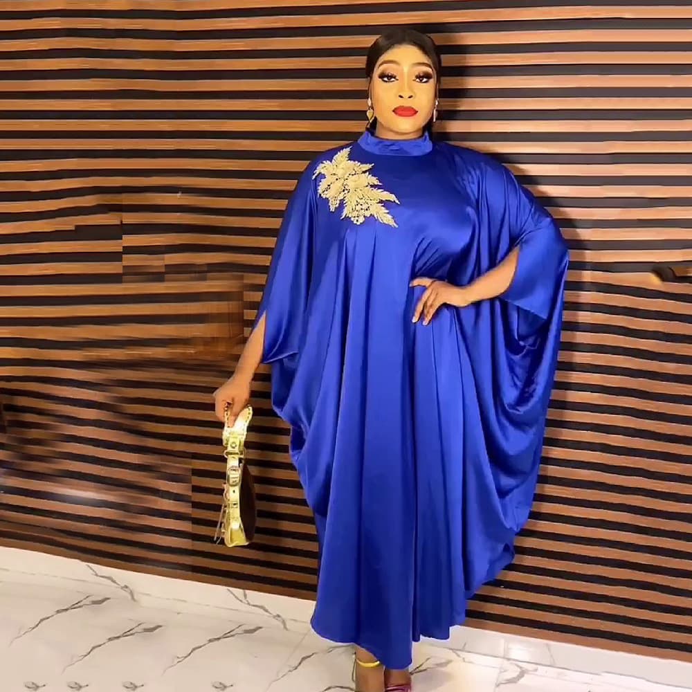 African Ethnic Style Women's Dress Rayon Robe with Stand-up Collar, Bat Sleeves, Rhinestone Appliqué, and Flared Skirt