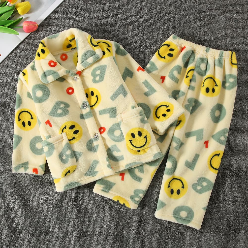 Autumn and Winter Children's Coral Fleece Pajamas Flannel Home Clothes Set Boys Girls Girls Baby Baby Kids Thickened