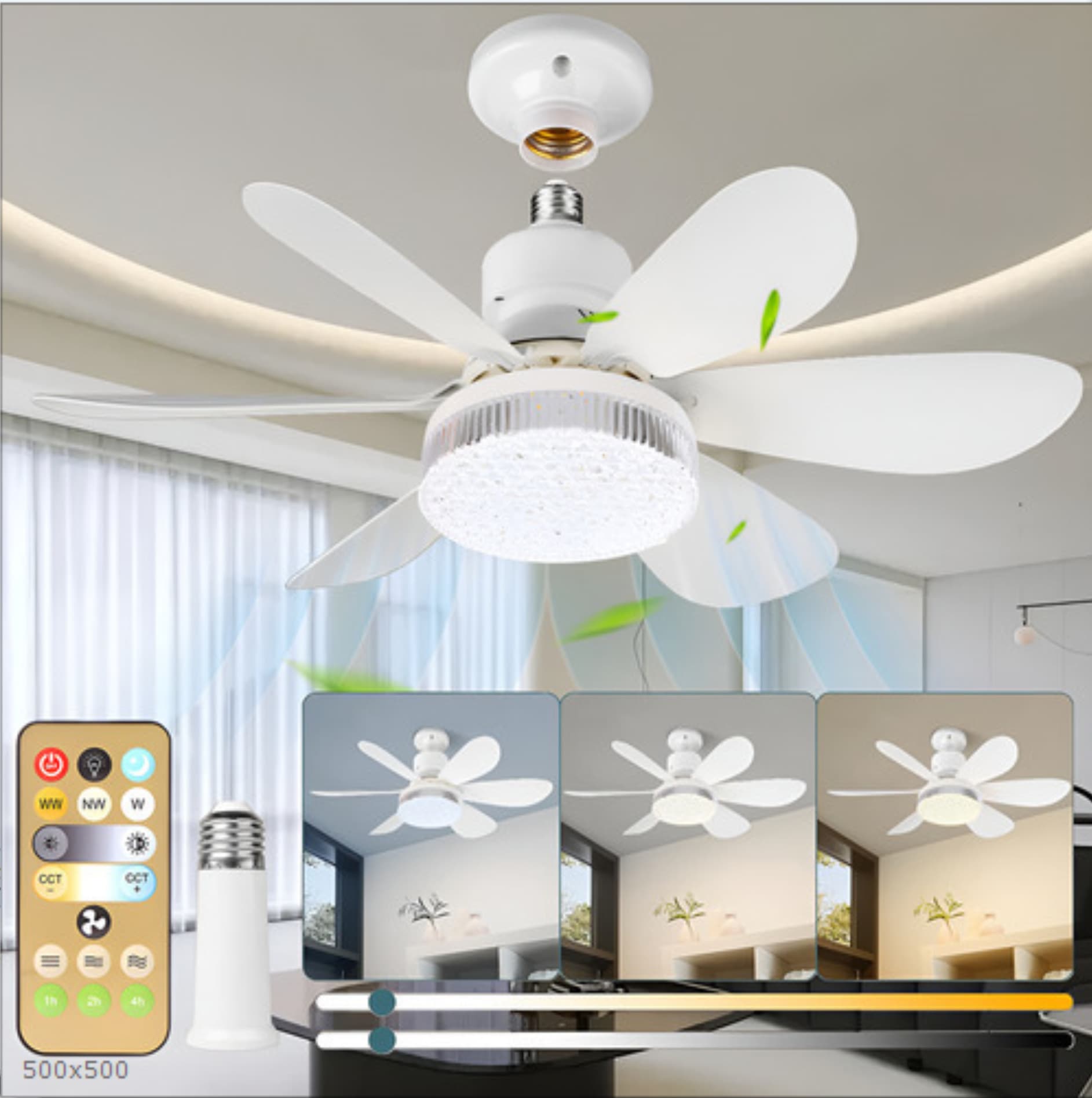 New cross-border LED ceiling fan light E27 screw base with remote control, suitable for home use in bedrooms and dining rooms, 6-blade flower-shaped crystal fan light