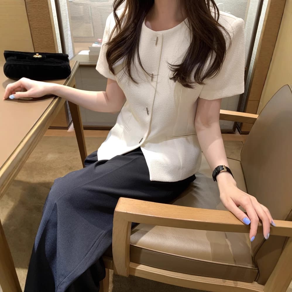 Korean Chic New French Style Round Neck Short-Sleeved Jacket