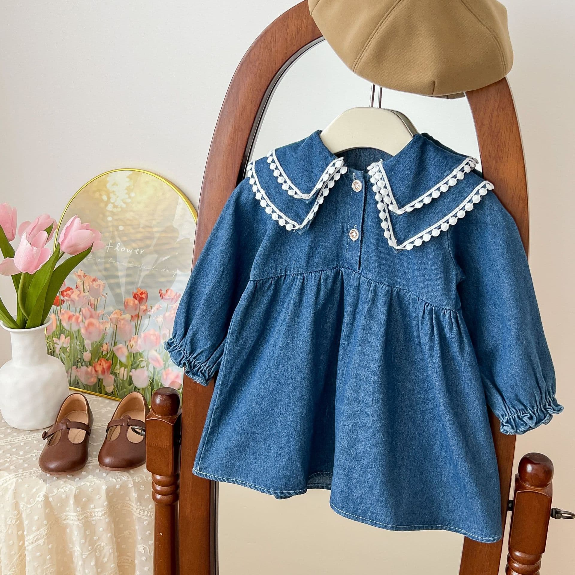 Ningli baby girl fashionable lapel dress autumn children's clothing for small and medium-sized children fashionable cute doll collar denim skirt