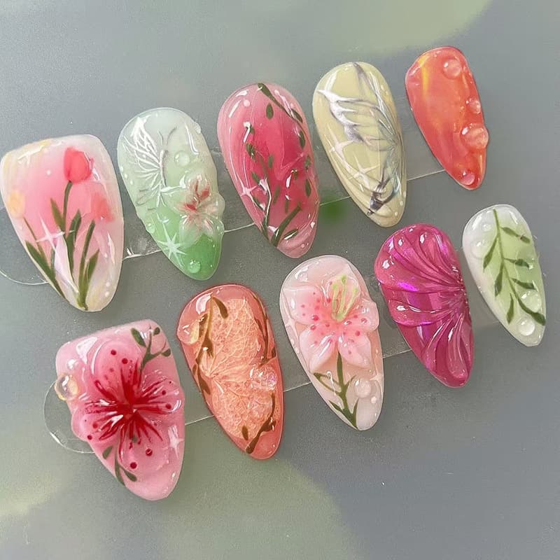 3D Blush Ice Flower Press-On Nails for Export, Removable Wearable Nail Tips, 24 Pieces Wholesale