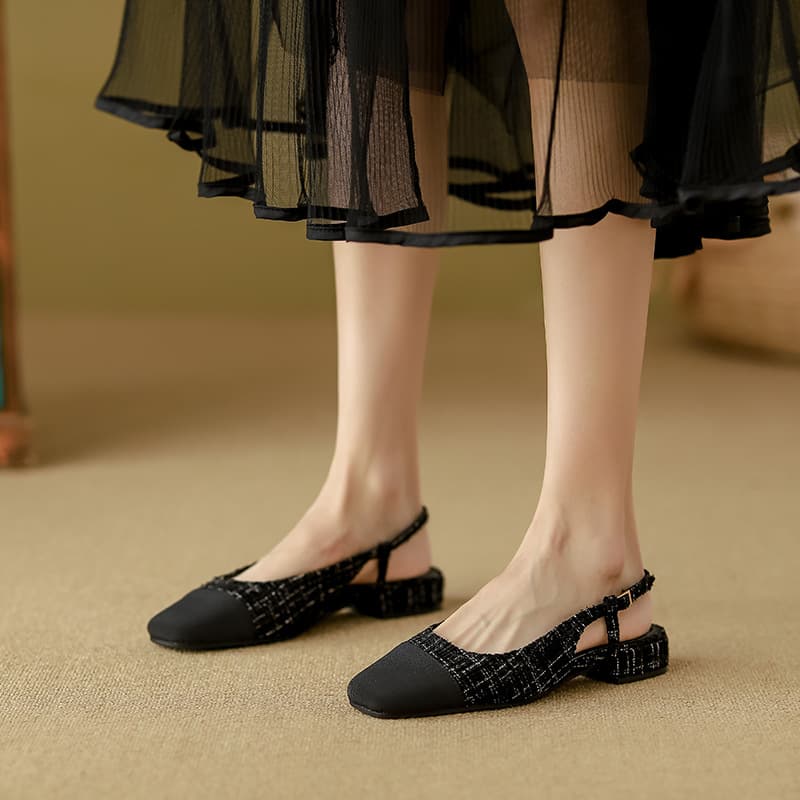 Chanel-Style Tweed Square Toe Open Back Sandals, Color-Block Flat Office Shoes, Soft Sole Non-Chafing Drop Shipping