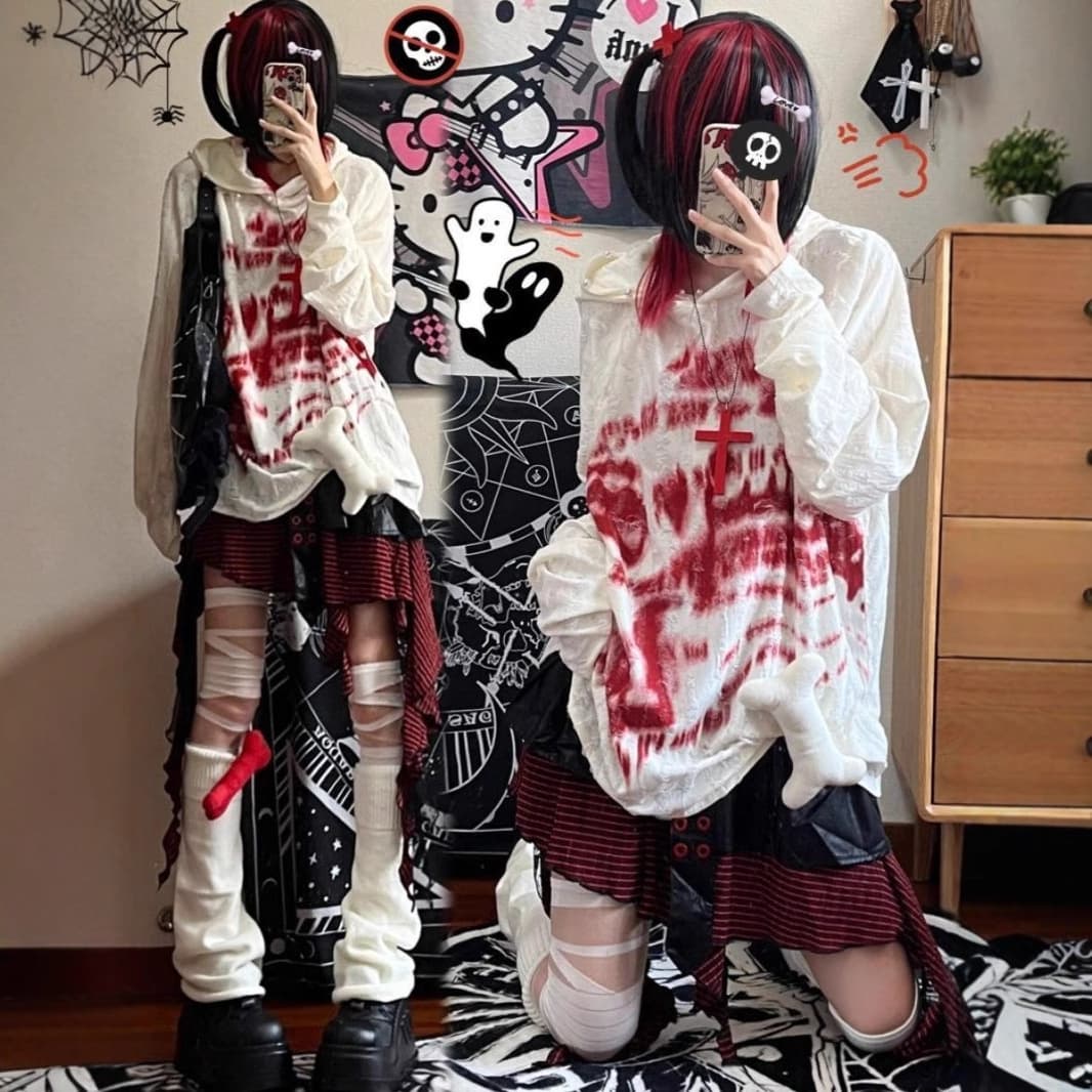 Chunqiu Yabi Style Culture Blood Letter Hoodie Y2K Rock Punk Print Pearl Button Hooded Sweatshirt T-Shirt Top for Women