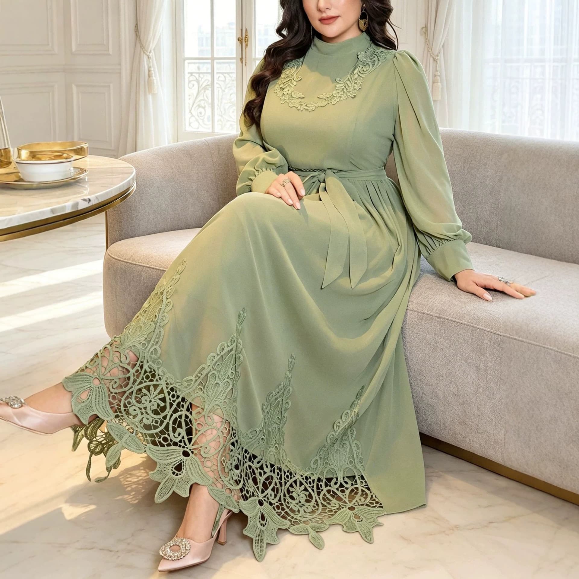 Plus Size Women's Green Long Dress with Stand Collar, Lace Puff Sleeves, Waist Tie, and Loose Fit