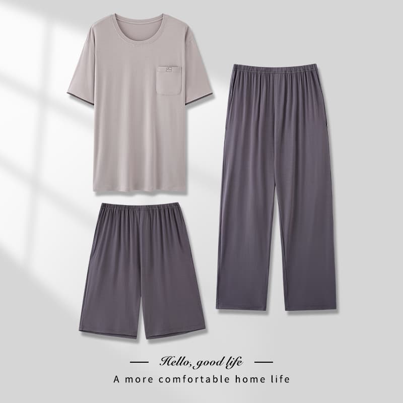 Men's Modal Sleepwear Thin Round Neck Long Pants Three-Piece Set Casual Loose Plus Size Home Clothes Set Breathable Comfortable