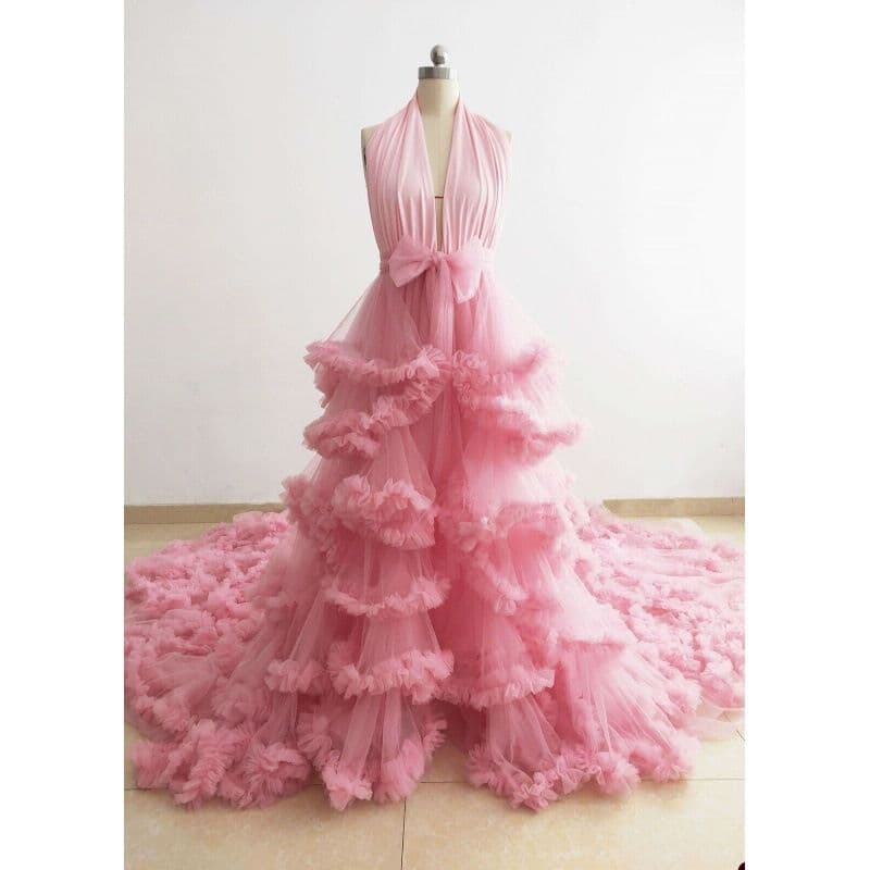 Women's Long Train Mesh Dress for Photo Studio, Sexy Maternity Gown, Bride Heavy Morning Robe Bathrobe