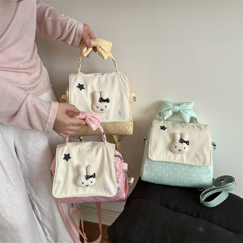 Fresh Campus Style Girl Crossbody Bag Multi-use Backpack Cute Polka Dot Bow Handbag Student School Bag