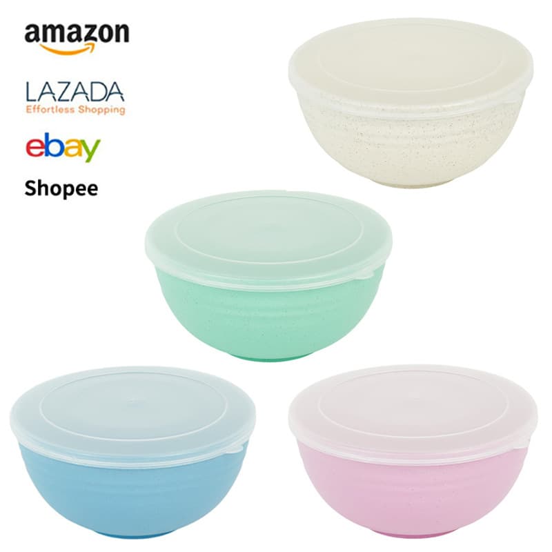 Cross-Border Wheat Straw Large Round Bowl with Lid Household Shatterproof Rice/Soup Bowl Creative Instant Noodle Bowl Plastic Bowl Wholesale
