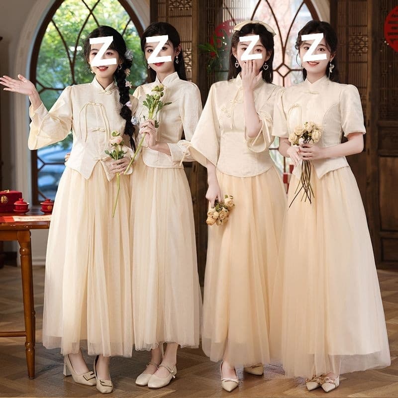 2026 New Chinese-Style Bridesmaid Dress in Champagne, Slimming National Style Sister Dress, Plus Size Xiuhe Elegant Gown