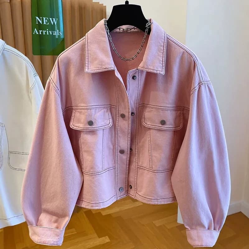 South Korea Dongdaemun Pink Casual Jacket Women's Short 2026 Autumn New Loose Topstitch Fashion Jacket Top