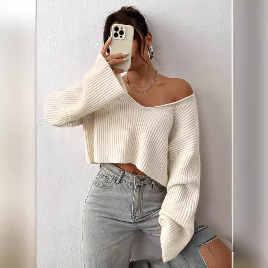 Amazon US/EU Cross-Border Cropped Ribbed Knit Sweater for Women, Fall/Winter Loose Fit V-Neck Drop Shoulder