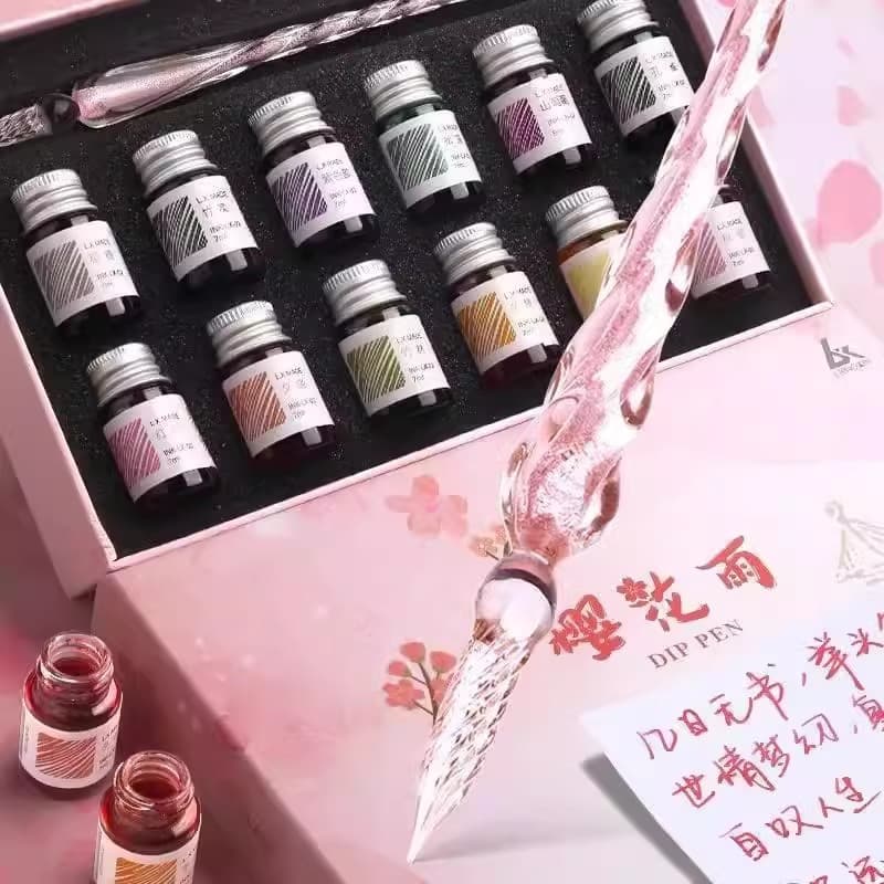 Glass dip pen with starry sky design, crystal calligraphy pen with vintage colored ink & glitter set for students