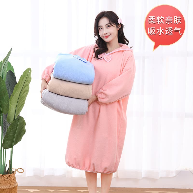 Coral Fleece Hooded Bath Dress Long Loose Bathrobe Homewear Solid Color Long Sleeve Minimalist Absorbent Pajamas Autumn Winter Style