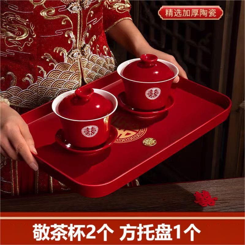 Full Set of Red Wedding Tea Cups, Lidded Bowls, and Chopsticks for Home Celebrations, Supply Chain Ready