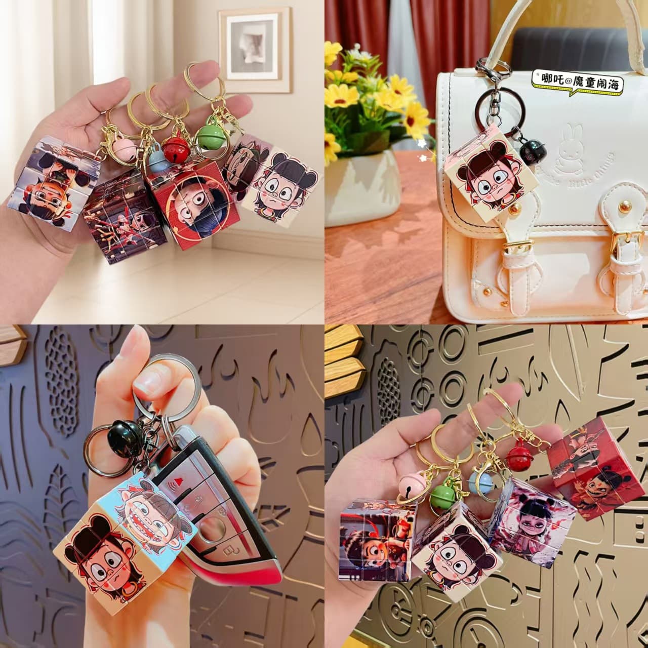 Nezha Conquers the Sea Collection Cartoon Cube Figure Keychain Graduation Gift Kids Backpack Charm Keyring Wholesale