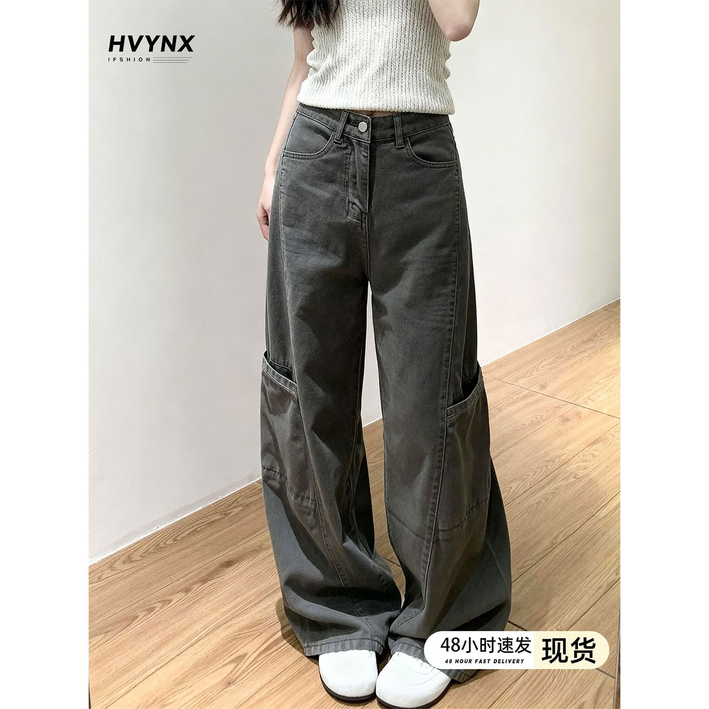 Gray Cargo Wide-Leg Jeans for Women Loose High-Waist Straight-Leg Denim Wide-Leg Pants Slimming Draped Women's