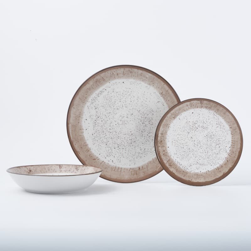 18-Piece Printed Underglaze Ceramic Dinnerware Set, Minimalist Style Brown 3-Piece Set, Plates and Soup Plates, Printed Ceramic Tableware