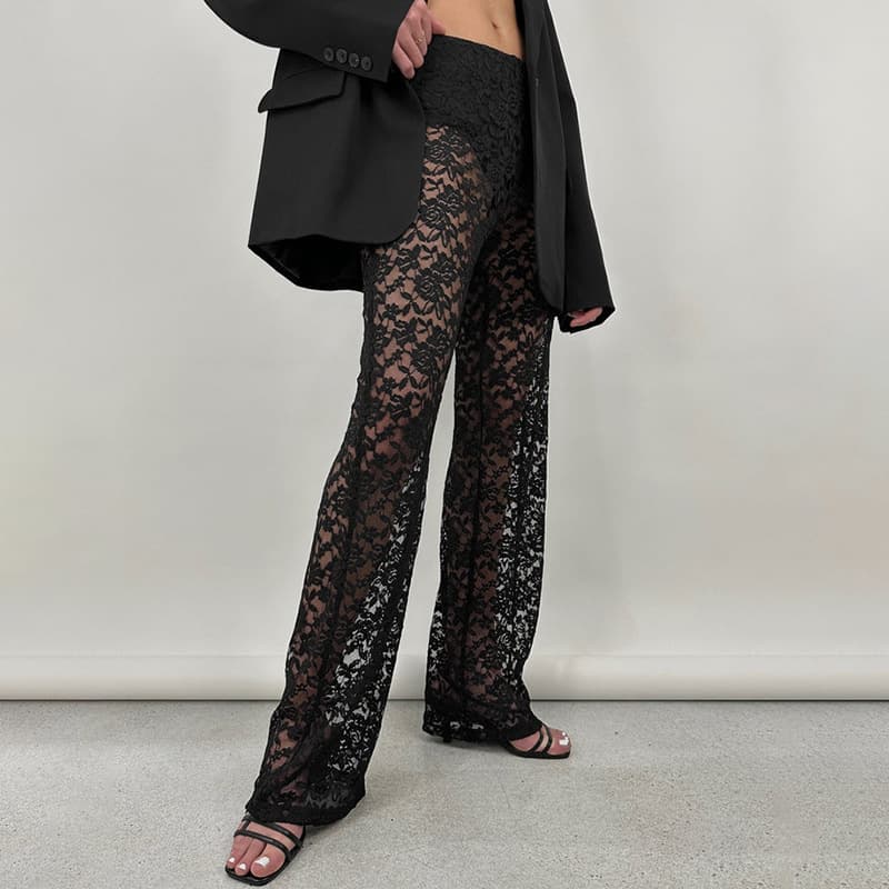European and American Style Cross-Border Summer Hot-Selling New Sexy Versatile Lace See-Through High-Waist Splicing Long Straight Pants