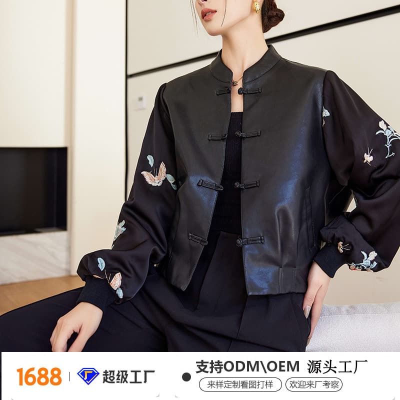 Custom New Chinese Style Women's Leather Jacket Short Top Women's Outerwear Round Neck Button Embroidery Jacket