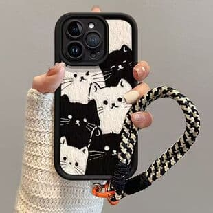 For Samsung A15/A55 Black and White Graffiti Cat S24Ultra/S26 Phone Case S22/A05/A06h Wrist Strap