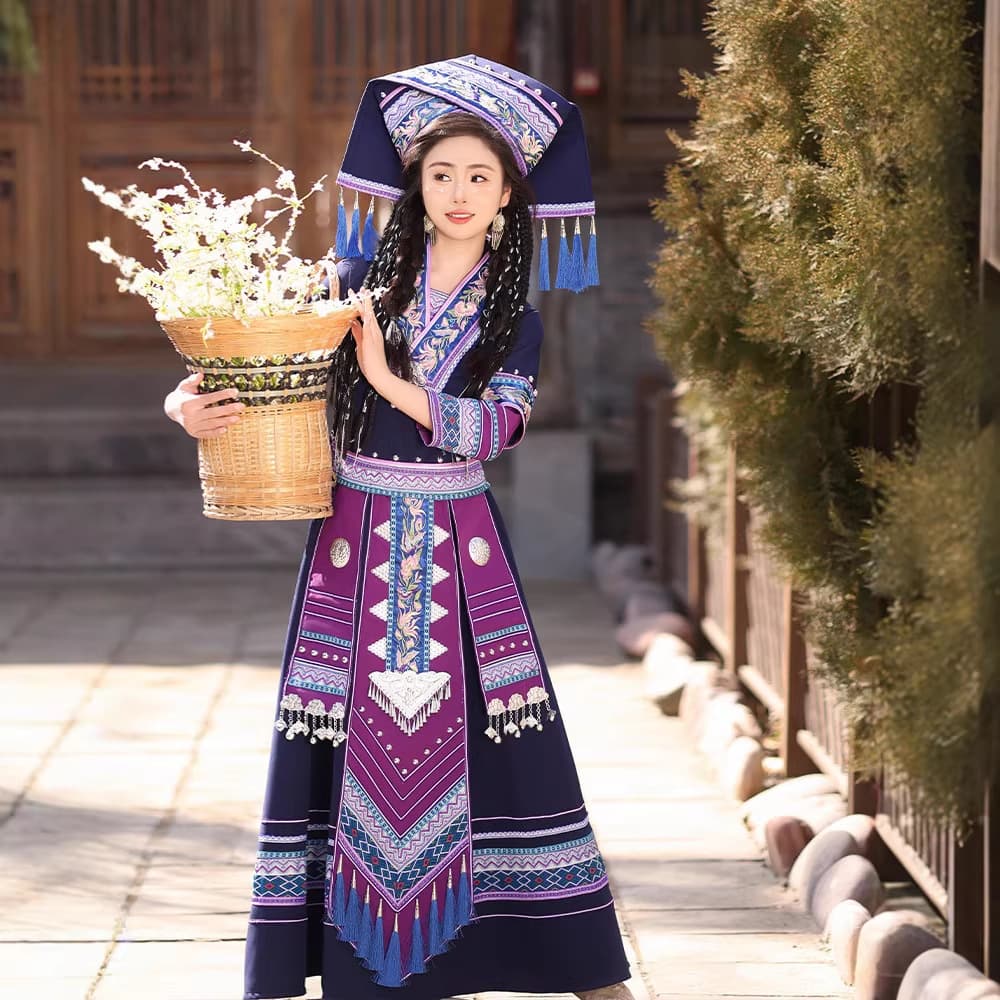 Zhuang ethnic costume for women, adult, traditional Guangxi minority March 3rd festival attire, embroidered suit