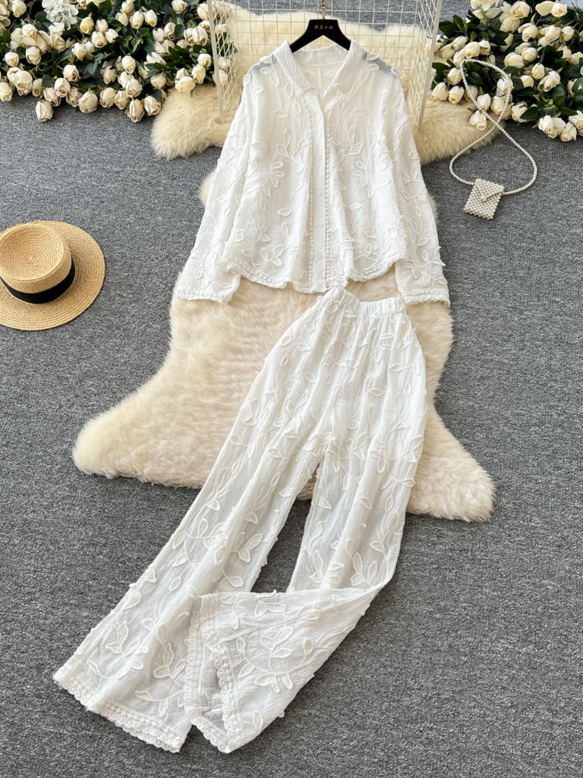 Korean Style Outfit for Women, Mature and Versatile, Heavy Leaf Embroidery, Loose Long-Sleeved Cardigan Shirt, High-Waisted Wide-Leg Trousers