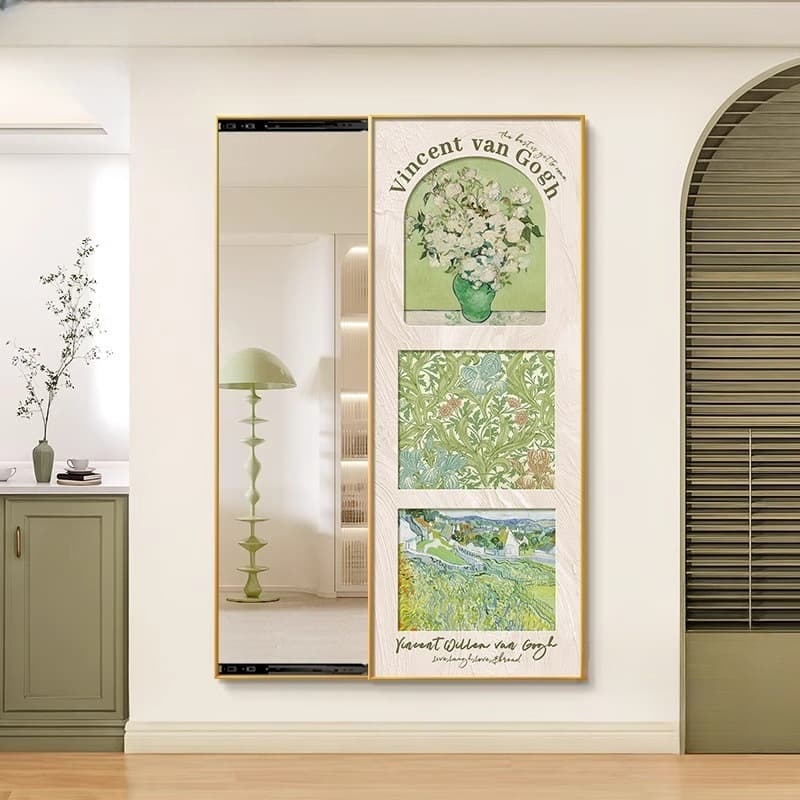 French Cream Style Sliding Mirror Decorative Painting Monet Masterpiece Hidden Full-Length Dressing Mirror High-End Entryway Hanging Art