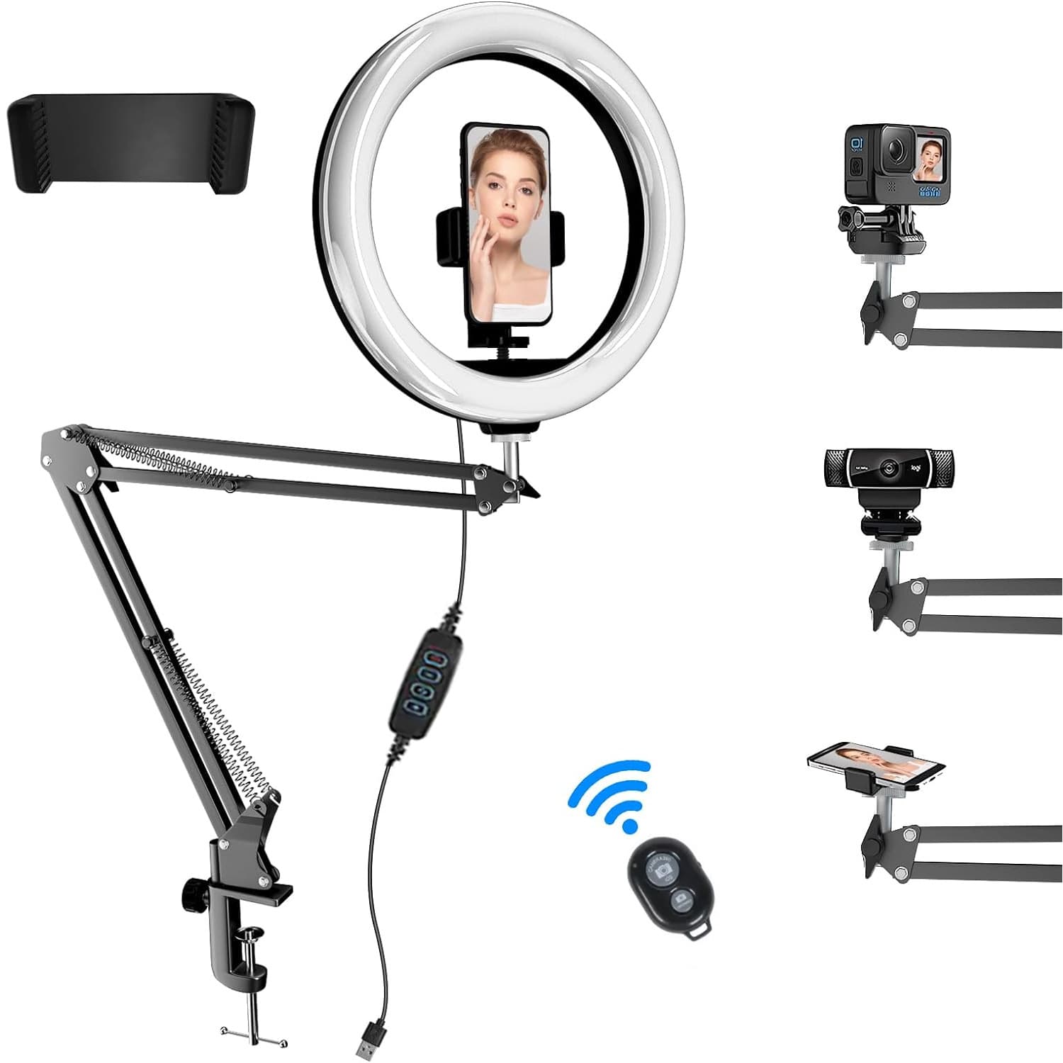 LED Ring Light Mobile Phone Photography Stand for Top Down Shooting, Metal Material, Compact Size, Remote Control Included