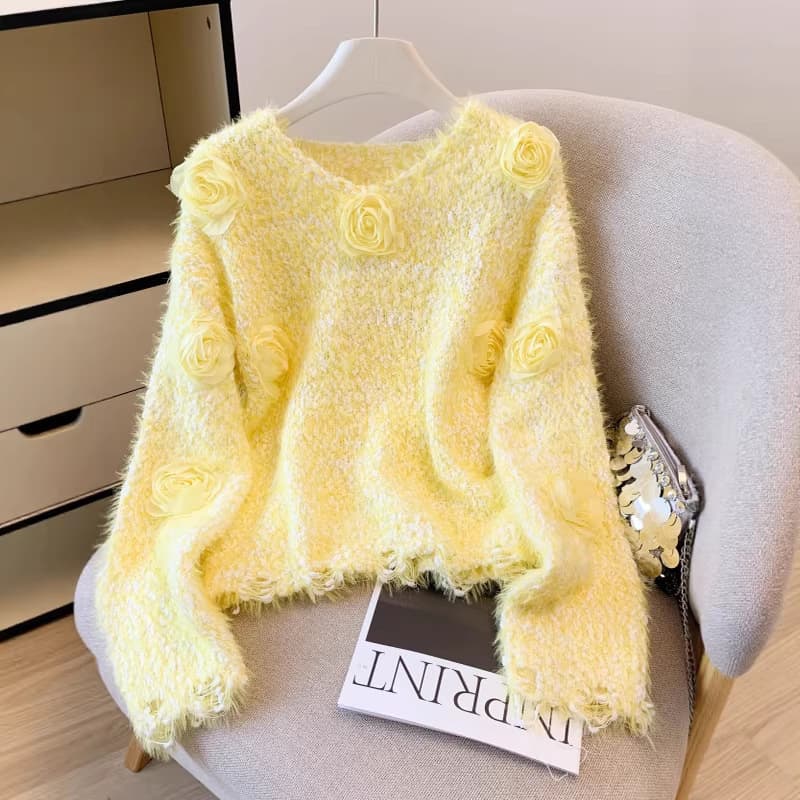 Sweet Floral Pink Knit Sweater for Women, Soft Cozy Pullover Top for Fall and Winter