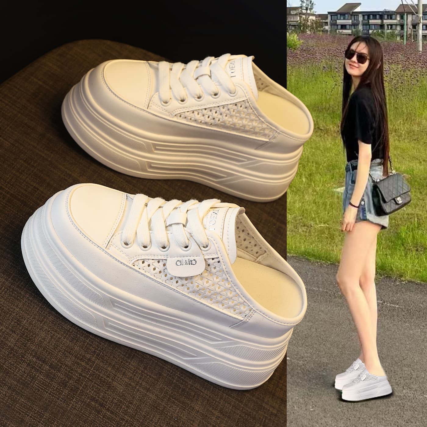 9855-59 Thick Sole Height-Increasing Versatile White Shoes Women 2026 Summer New Style Slip-On Loafers Covered Toe Slippers