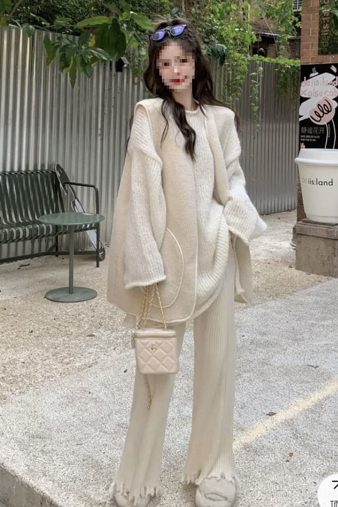 Maternity Wear Knit Sweater Casual Autumn/Winter Three-piece Set, Belly Covering Personality Fringe Wide-leg Pants Chic Set