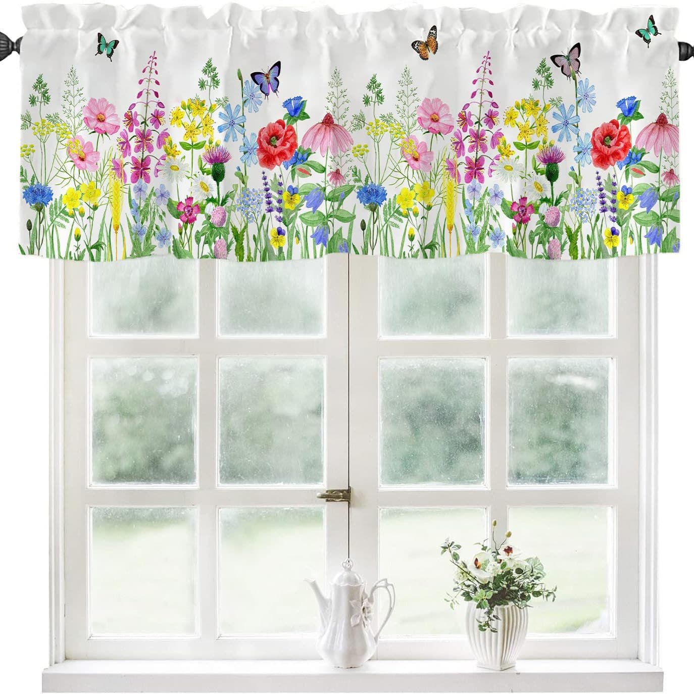 Cross-border Amazon Short Curtain Spring Watercolor Floral Butterfly Door Curtain Coffee Curtain Kitchen Sink Cabinet Dustproof
