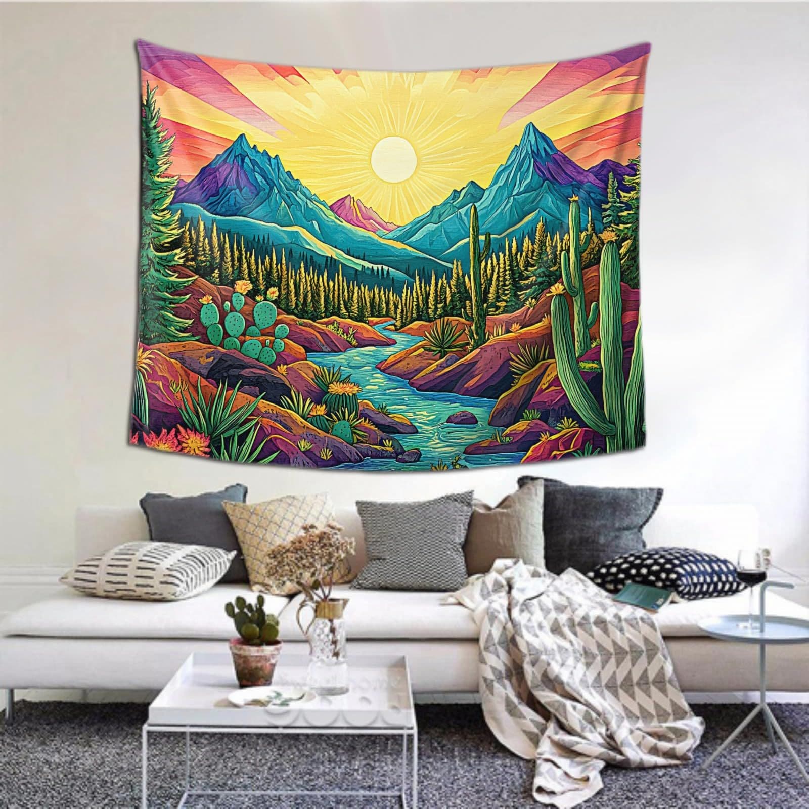 Mountain Sun Bedroom Tapestry Psychedelic Forest Tree Bedroom Wall Hanging Natural Wall Tapestry Home Decor Room Decoration Wall