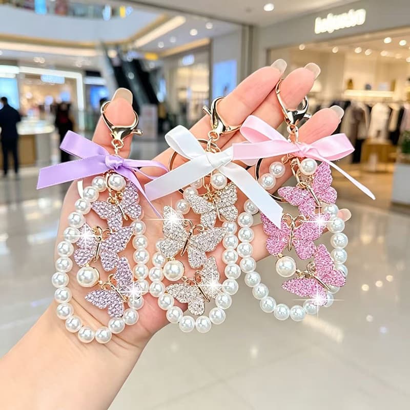 Pearl Rhinestone Butterfly Keychain Bag Charm Car Key Ring Rhinestone Decorative Creative Gift