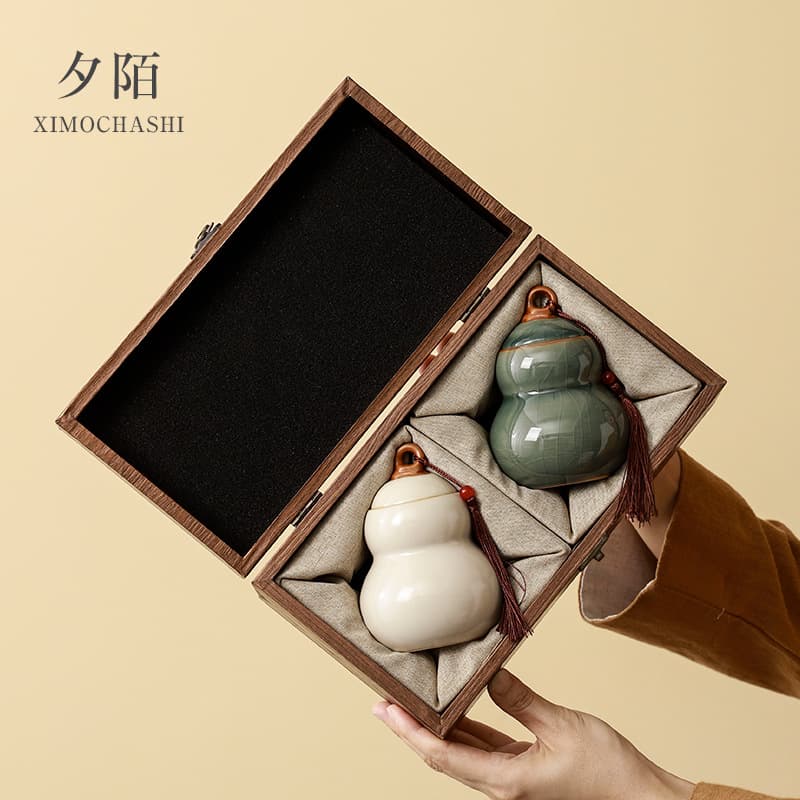 Ceramic Sealed Tea Canister, Fortune Gourd Jar, Traditional Chinese Medicine Powder Storage Container, Gift Box for Elders, Handy Present