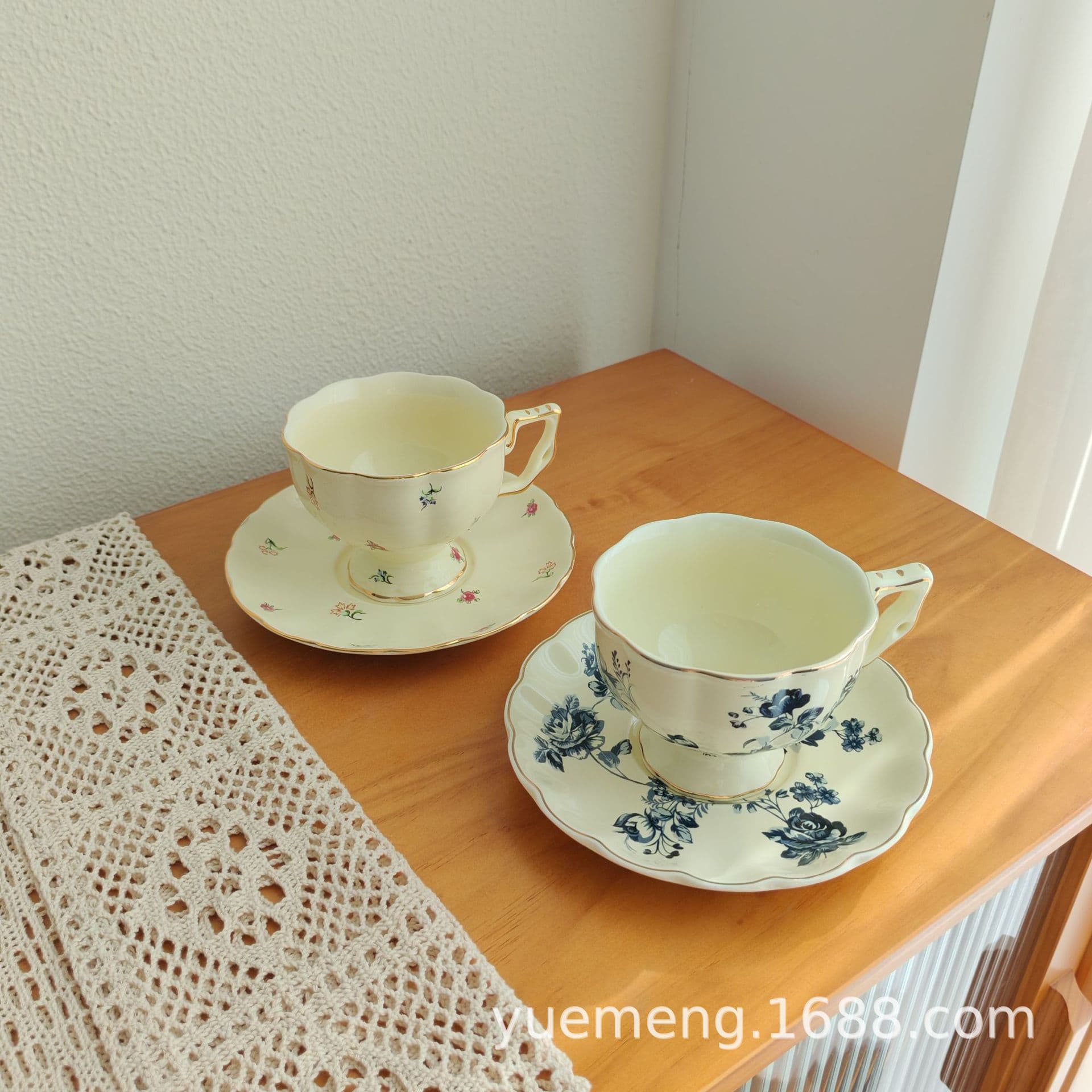 French Vintage Rose Floral Ceramic Cup with Gold Trim, European Court Style Coffee Cup and Saucer, English Afternoon Tea Black Tea Cup