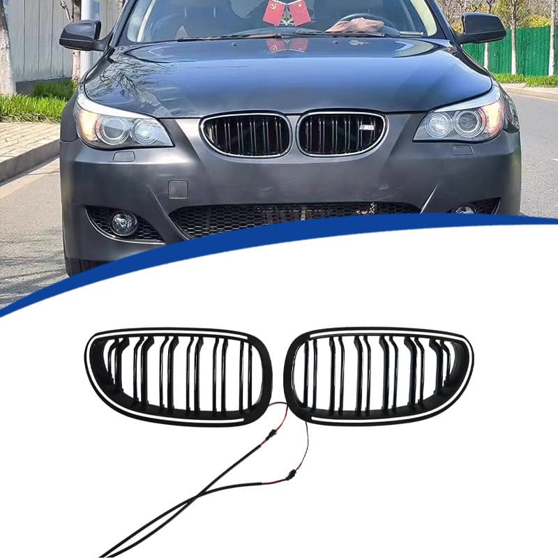 For 2004-2009 BMW 5 Series E60 Dual-Line Glowing LED Gloss Black Grille PC Material Replacement Installation