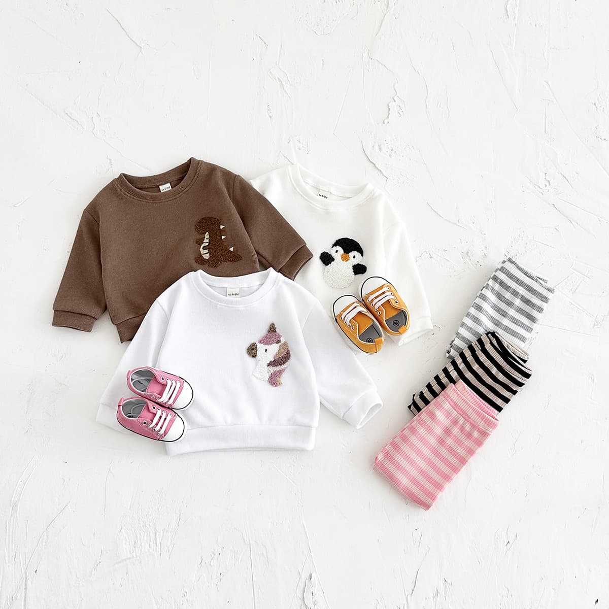 Spring Autumn Children's Unicorn Embroidered Sweatshirt Two-Piece Set Baby round Neck Long Sleeve + Stripe Base Pants Set