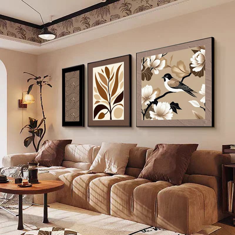 French Sofa Background Wall Decorative Painting, Maillard Chinese Vintage Triptych Set, Living Room Hanging Art Dining Room Mural