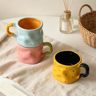 Creative Contrasting Polka Dot Crinkle Ceramic Mug and Saucer Set, Home Coffee Cup Set, Gift Tableware Wholesale
