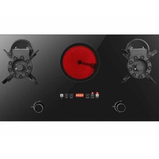 3-burner high-power flip disc stove + electric ceramic hob, dual fuel with red light indicator when powered.